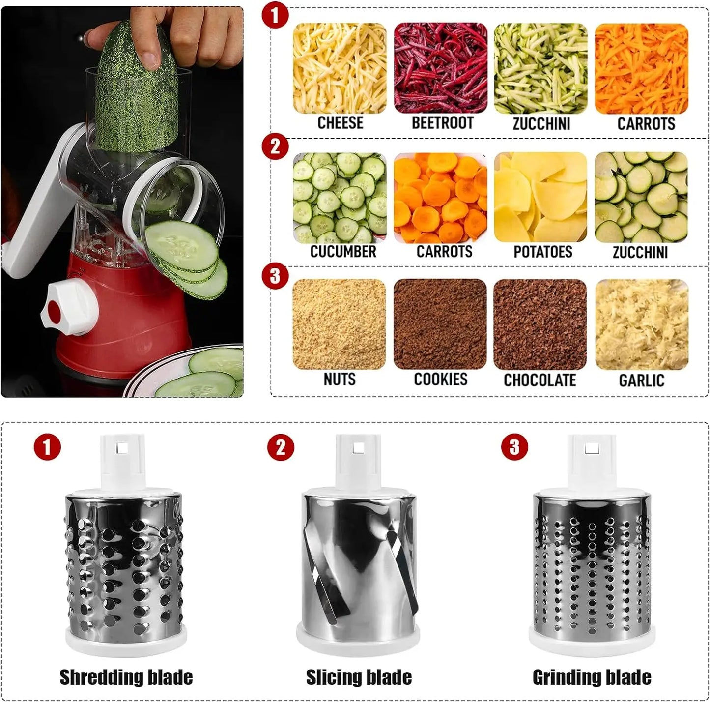 Cheese Rotary Grater with 3 Drum knives